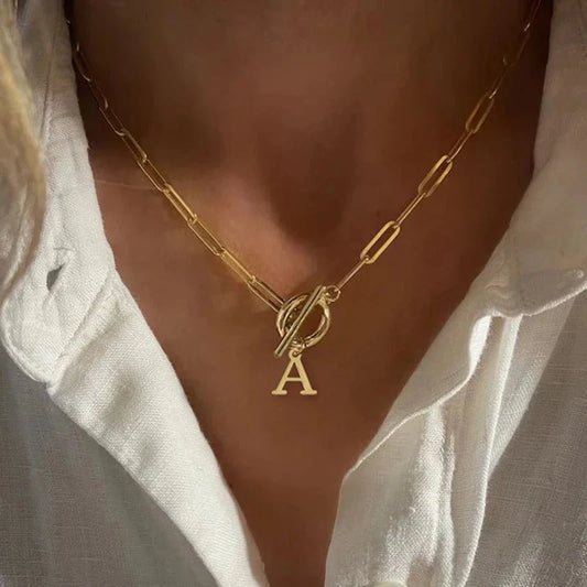Paperclip Letter Initial Circle Lock Clasp Necklace | Tiva Jewelry
