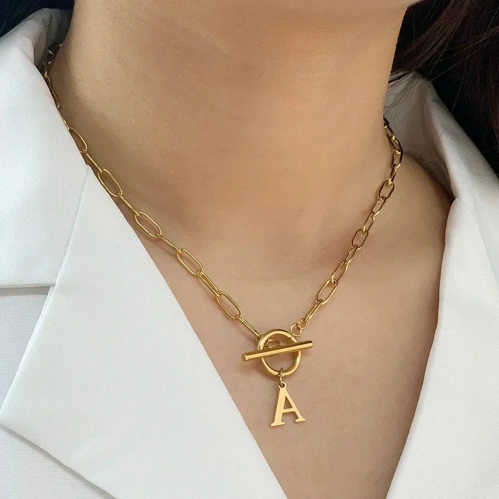 Paperclip Letter Initial Circle Lock Clasp Necklace | Tiva Jewelry