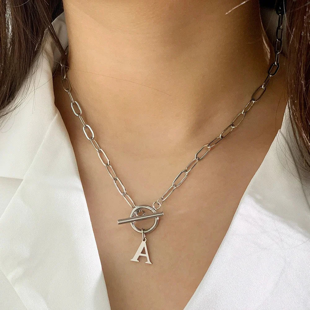 Paperclip Letter Initial Circle Lock Clasp Necklace | Tiva Jewelry